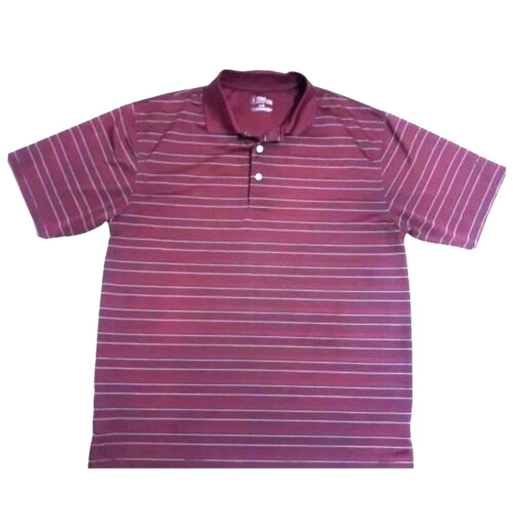PGA Tour Mens Sz Large Polo Golf Shirt Burgundy Striped Short Sleeve Dry Fit